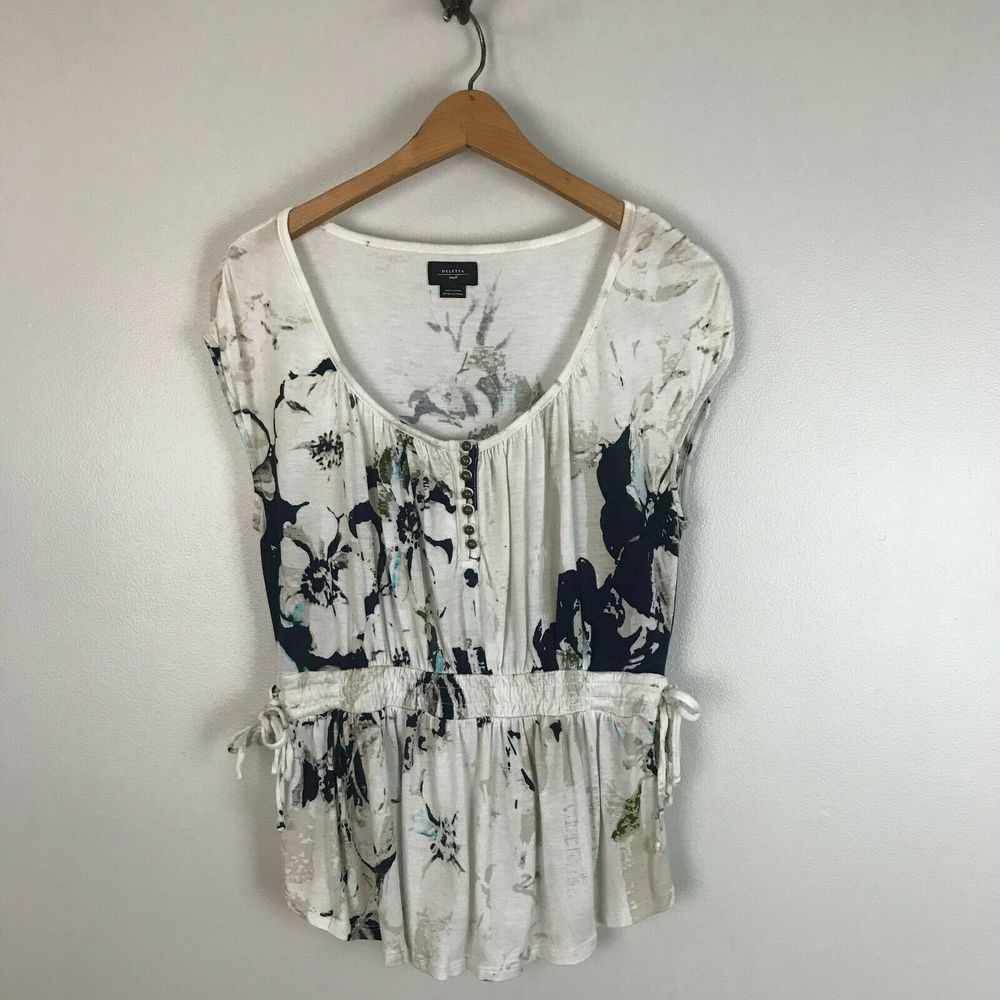 Deletta Anthro Navy Floral Tie Waist Knit Top